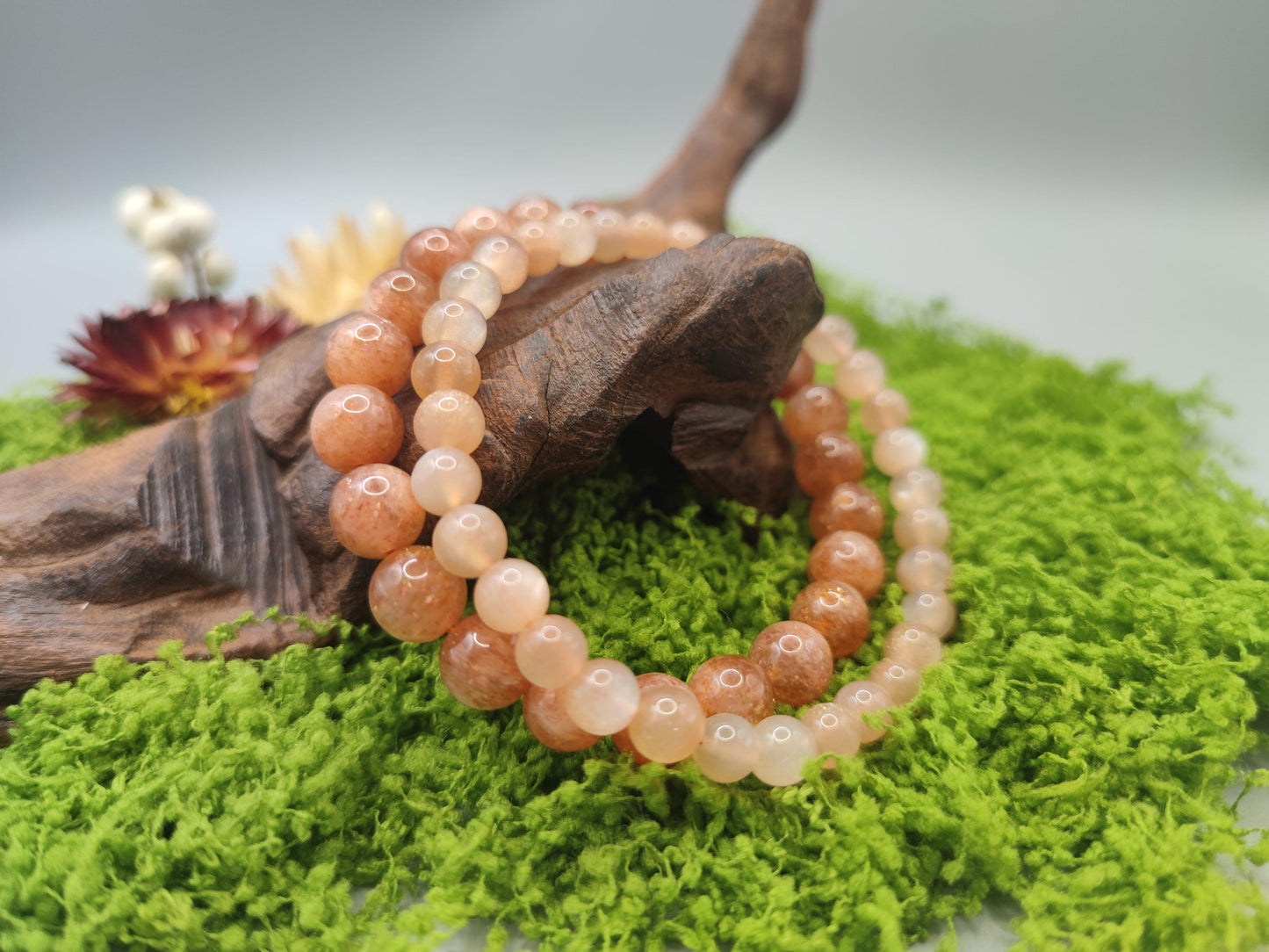 Sunstone & Peach Moonstone Bead Bracelets - Enhance Confidence and Courage - Fire Energy - EnerChi Crystals