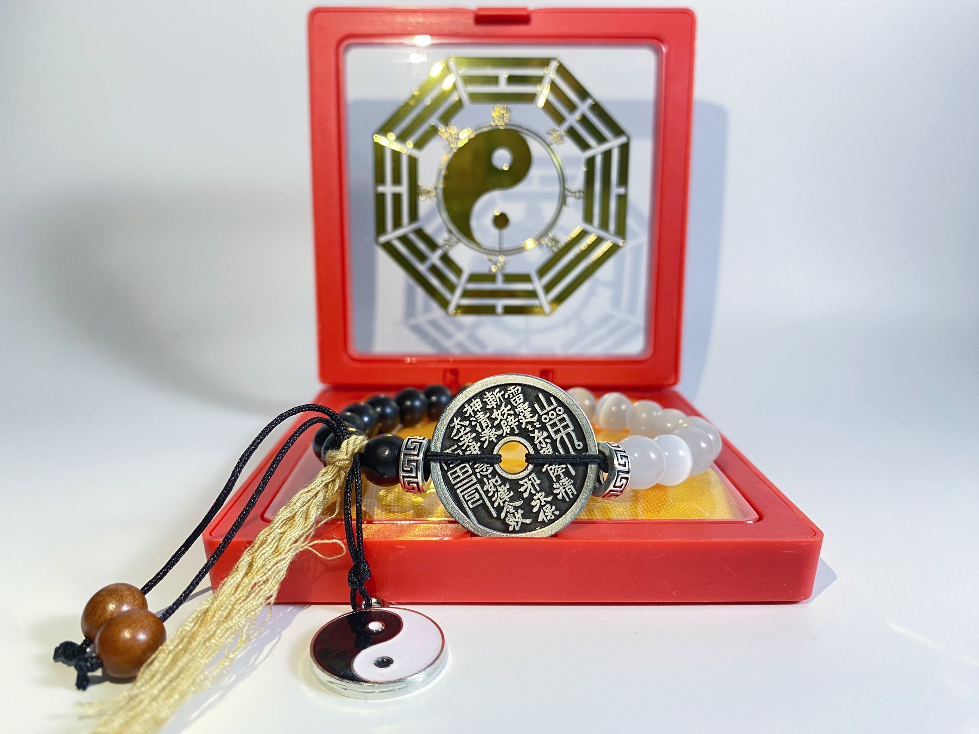 Tai Chi Mountain Ghost Coin Bracelet - with Handwritten Tai Sui Talisman by Taoist Priest - EnerChi Crystals