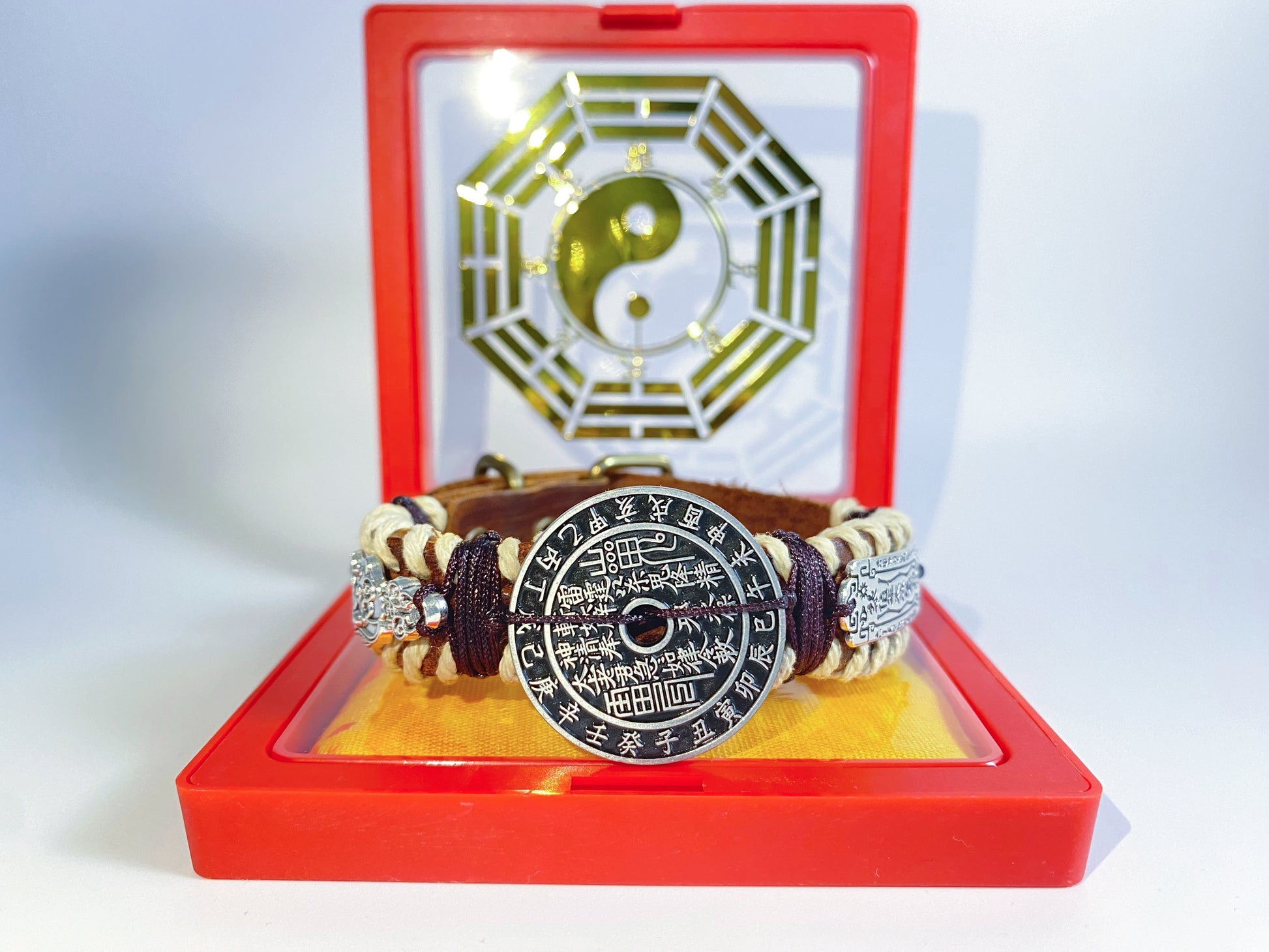 Mountain Ghost Coin Tai Sui Leather Bracelet - with Handwritten Tai Sui Talisman by Taoist Priestai Sui Talisman by Taoist Priest - EnerChi Crystals