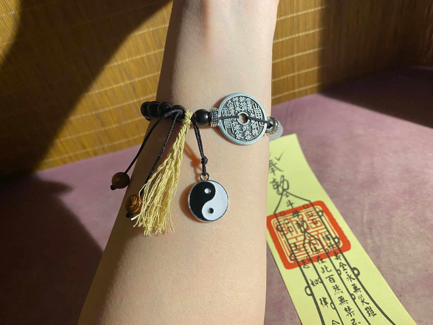 Tai Chi Mountain Ghost Coin Bracelet - with Handwritten Tai Sui Talisman by Taoist Priest - EnerChi Crystals