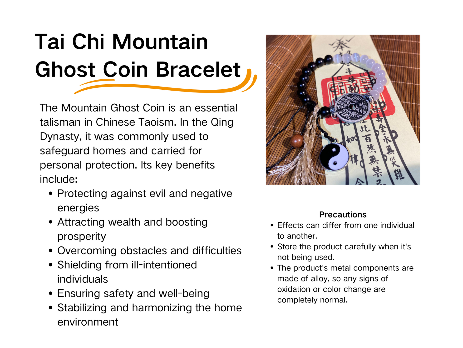 Tai Chi Mountain Ghost Coin Bracelet - with Handwritten Tai Sui Talisman by Taoist Priest - EnerChi Crystals