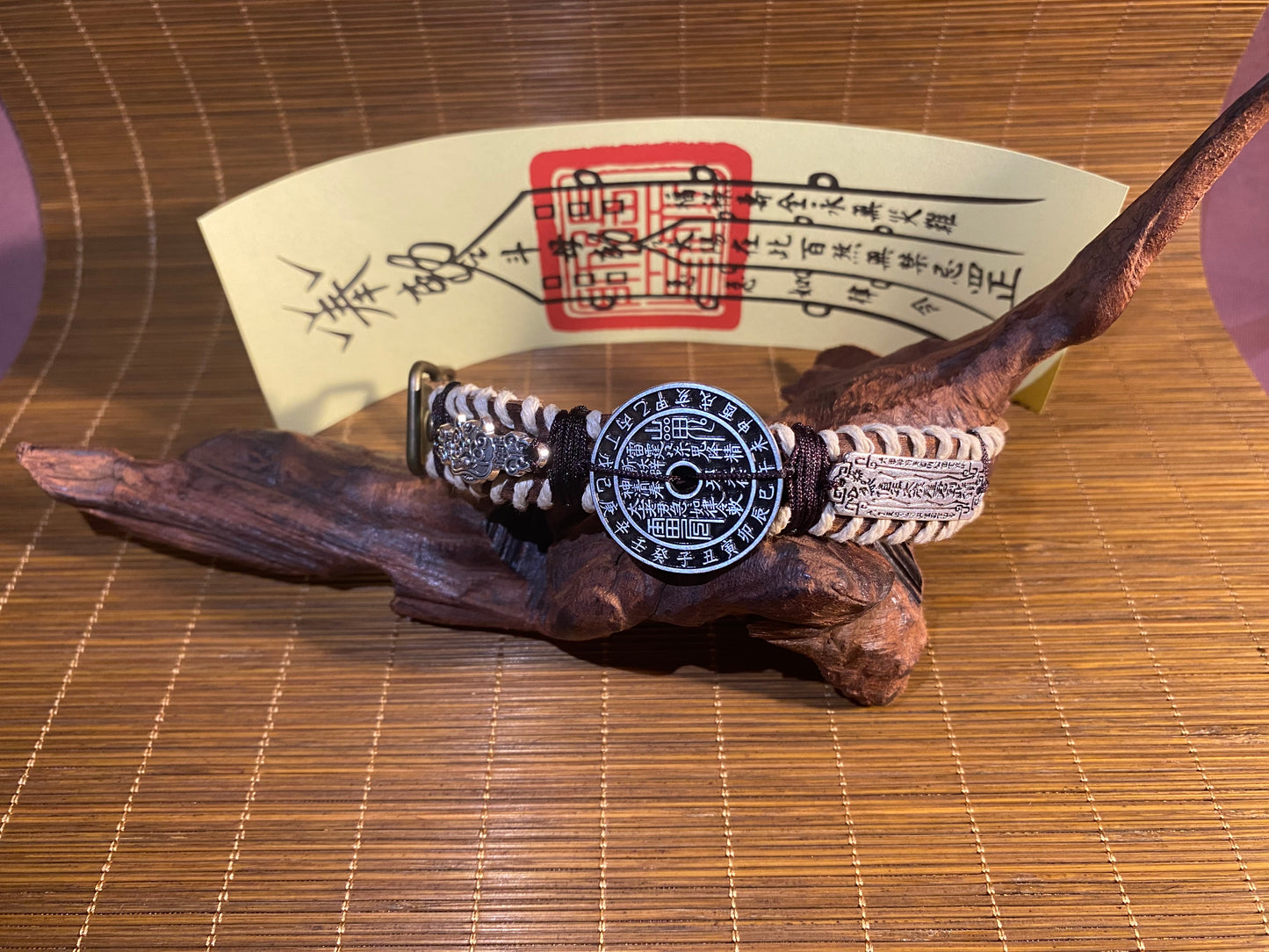 Mountain Ghost Coin Tai Sui Leather Bracelet - with Handwritten Tai Sui Talisman by Taoist Priestai Sui Talisman by Taoist Priest - EnerChi Crystals