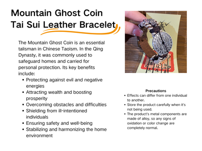 Mountain Ghost Coin Tai Sui Leather Bracelet - with Handwritten Tai Sui Talisman by Taoist Priestai Sui Talisman by Taoist Priest - EnerChi Crystals