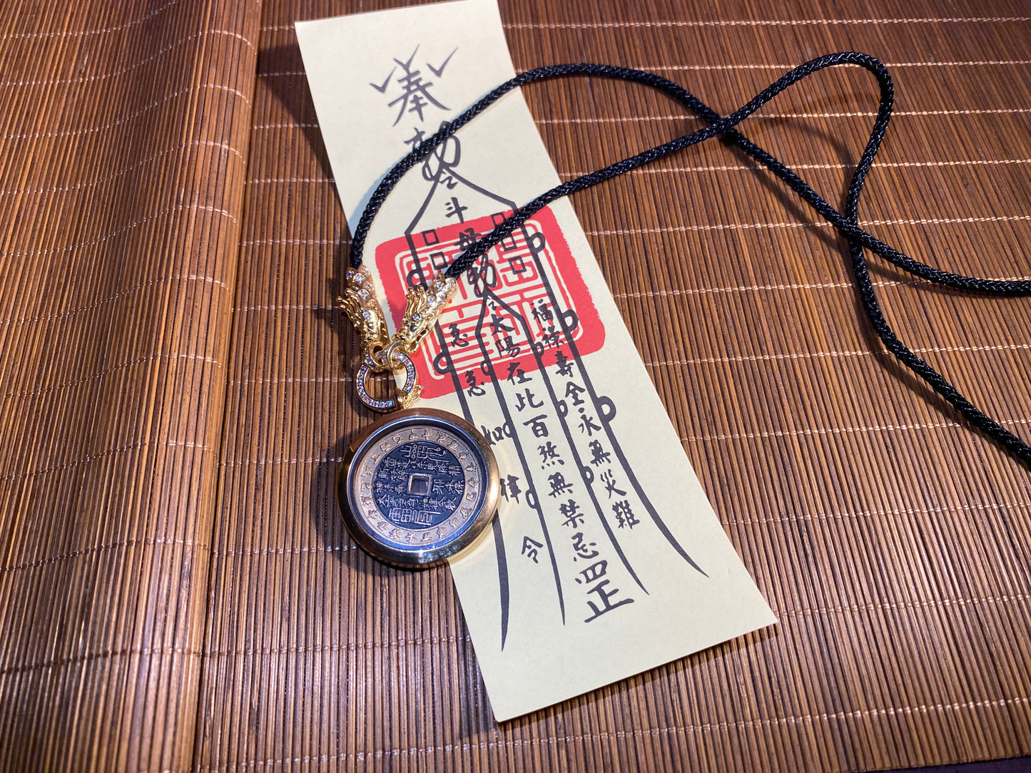 Mountain Ghost Coin Tai Sui Double Dragon Necklace - with Handwritten Tai Sui Talisman by Taoist Priest - EnerChi Crystals