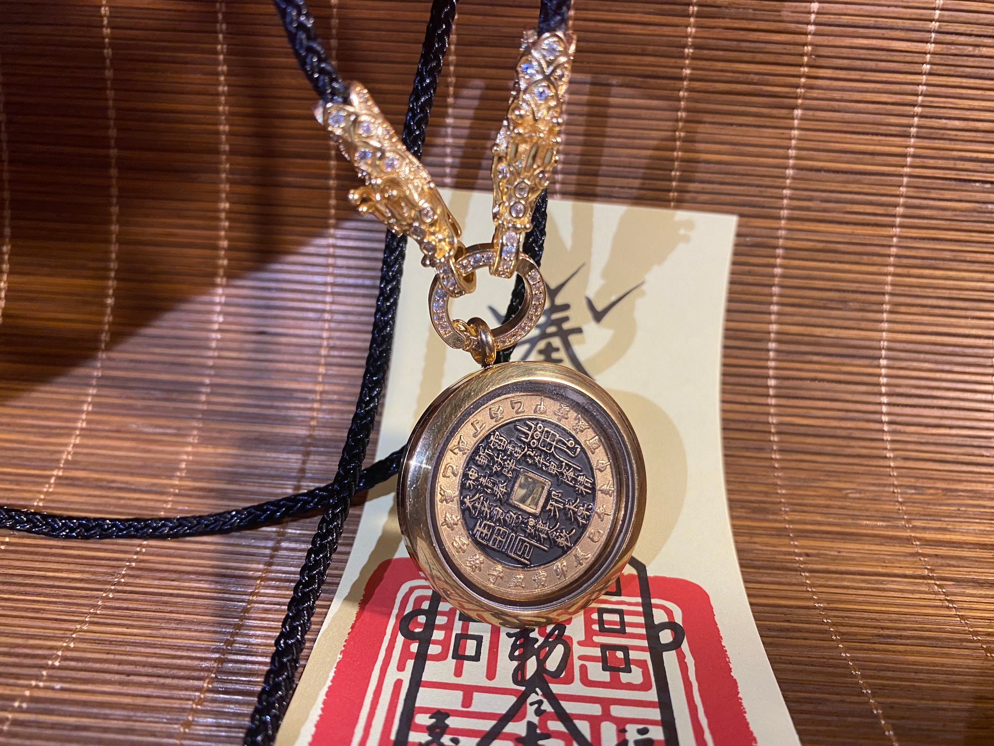 Mountain Ghost Coin Tai Sui Double Dragon Necklace - with Handwritten Tai Sui Talisman by Taoist Priest - EnerChi Crystals