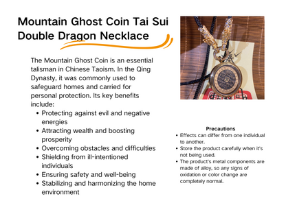 Mountain Ghost Coin Tai Sui Double Dragon Necklace - with Handwritten Tai Sui Talisman by Taoist Priest - EnerChi Crystals