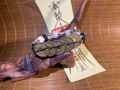 Five Emperors Coin Tai Sui Pendant Woven Bracelet - with Wealth Attraction Talisman - EnerChi Crystals